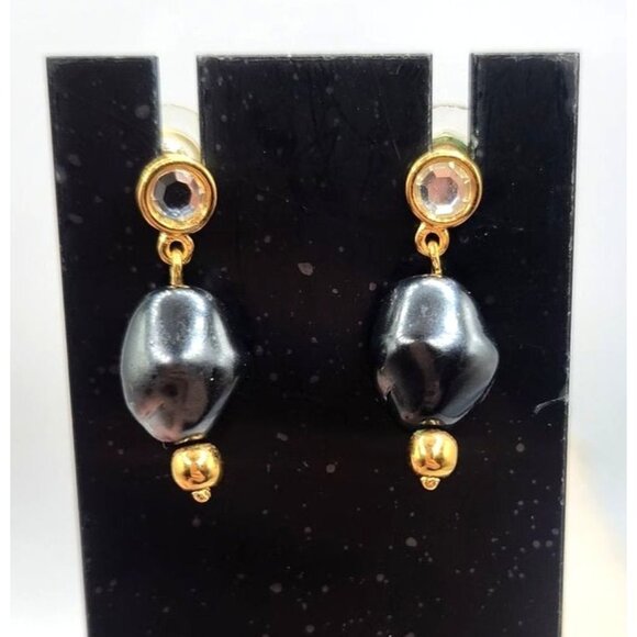 Black Tumbled Bead With Rhine Stone Accent Dangle Earrings - Picture 1 of 2